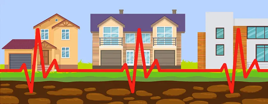 Illustration of a suburban development along with a graphic that represents a pulse.